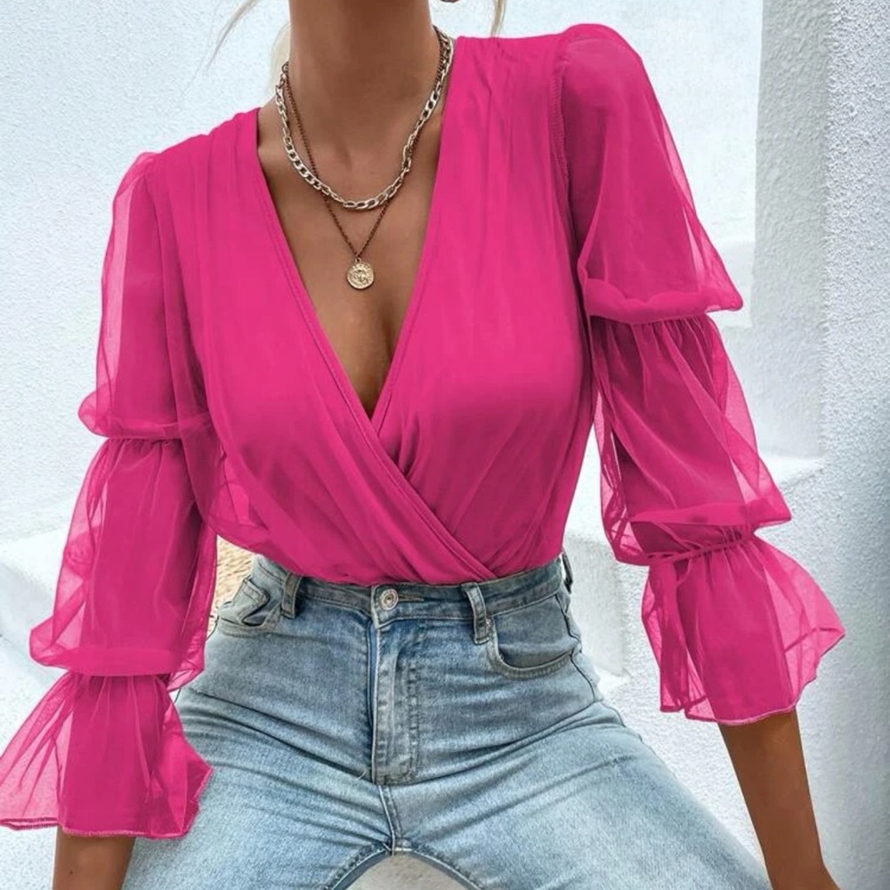 SHEIN Pink Sheer Sleeve Bodysuit